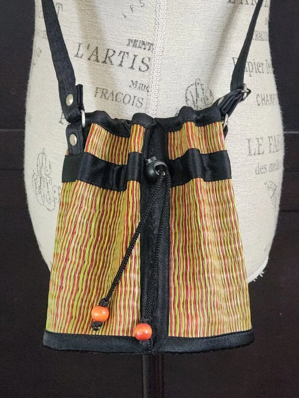 Saraye Tatami Woven Cinch Bucket Bag - Red & Green Grass Stripe